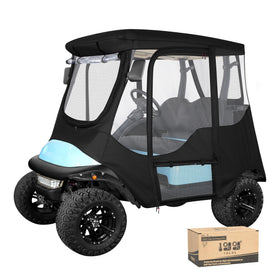 10L0L Deluxe 2P enclosure mounted on a Club Car for rain protection