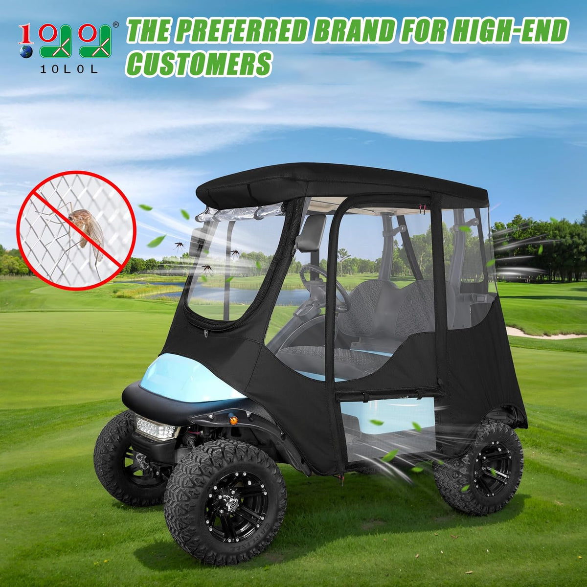 Close-up of 57-inch roof fit showing precise coverage for Club Car models
