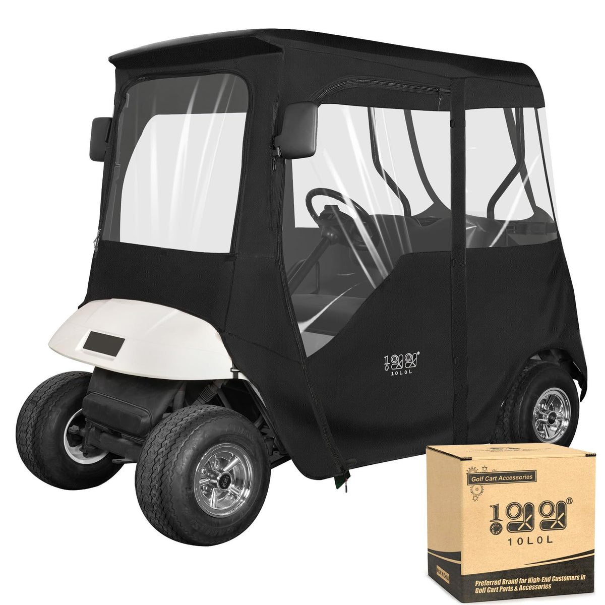 10L0L deluxe golf cart enclosure for EZGO TXT RXV with 4-sided clear windows for weather protection.