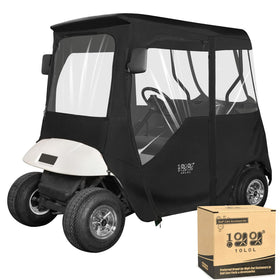 10L0L deluxe golf cart enclosure for EZGO TXT RXV with 4-sided clear windows for weather protection.