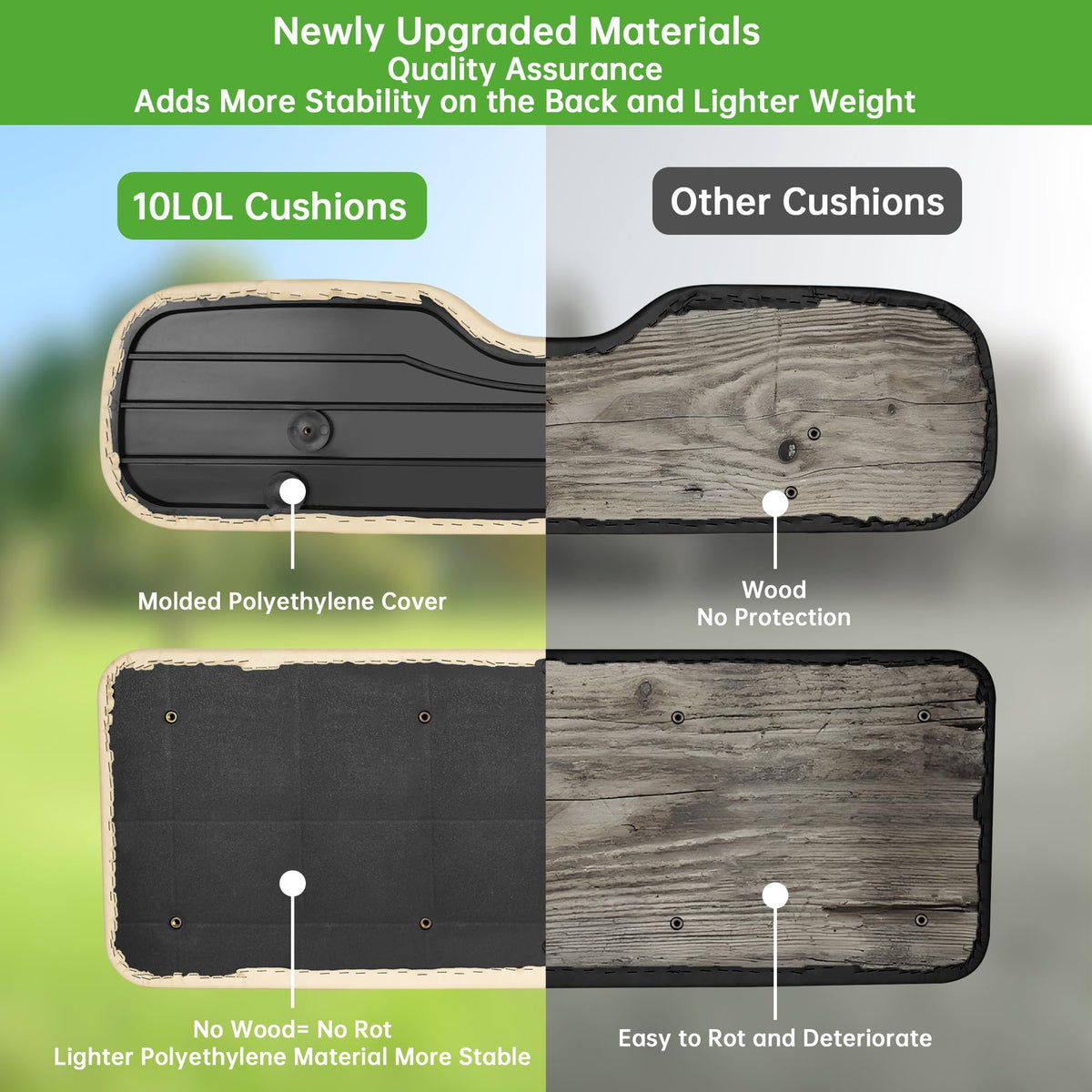 10L0L Deluxe seat cushion stitching side view—durable craftsmanship.