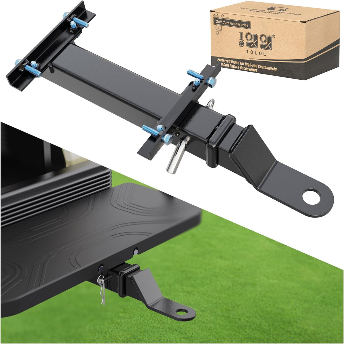 10L0L Deluxe golf cart hitch kit mounted on backseat showing mounting for towing versatility