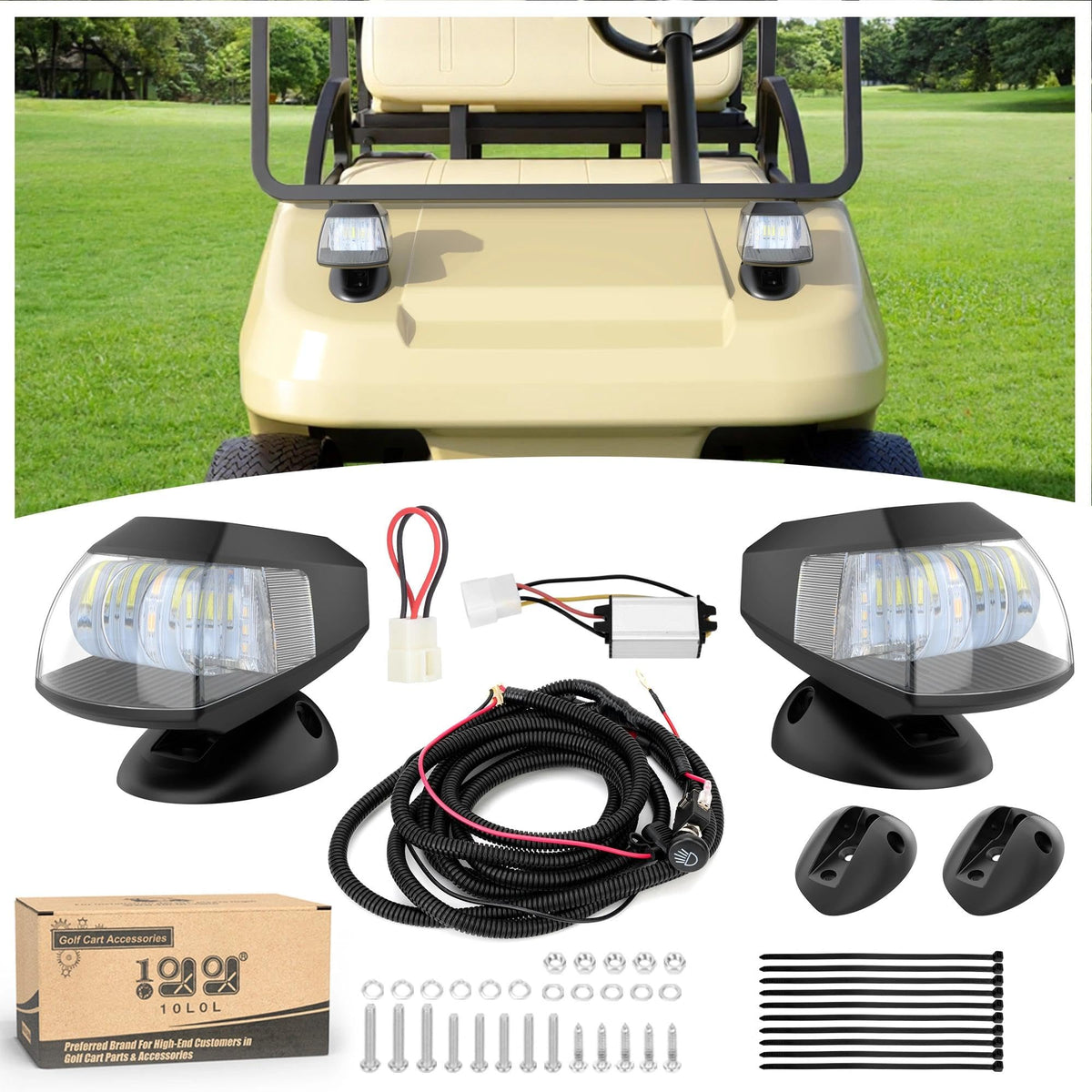 10L0L deluxe headlight kit for Club Car DS improves night visibility.