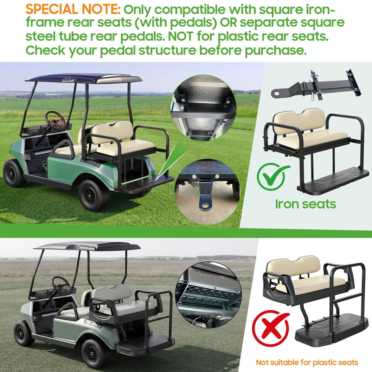Hitch installed on Club Car backseat demonstrating secure fit and integration