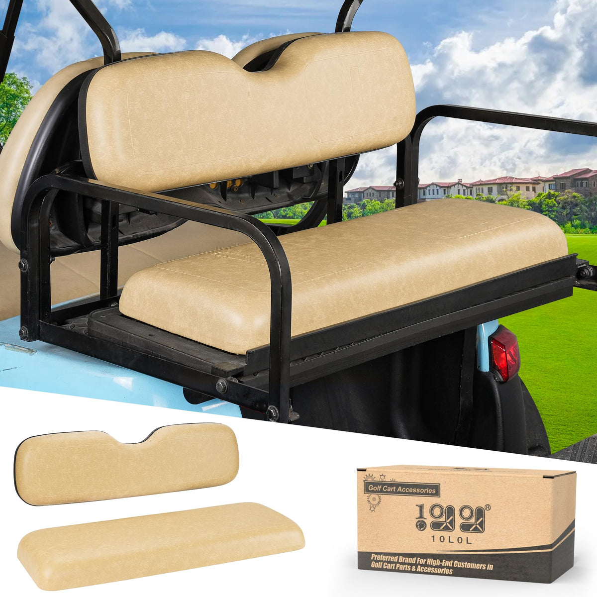 10L0L deluxe rear seat cushion on Yamaha cart provides a comfortable upgrade.