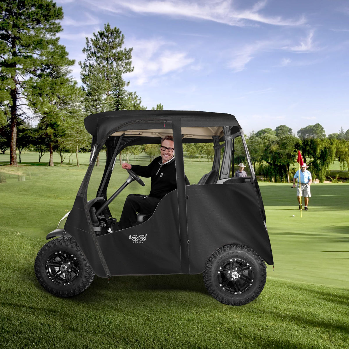 10L0L Deluxe enclosure supports two passengers on a Club Car roof.
