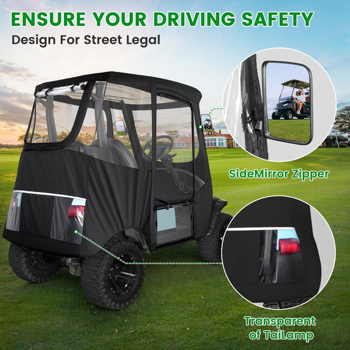 Zippered side openings allow easy in and out while riding in light drizzle