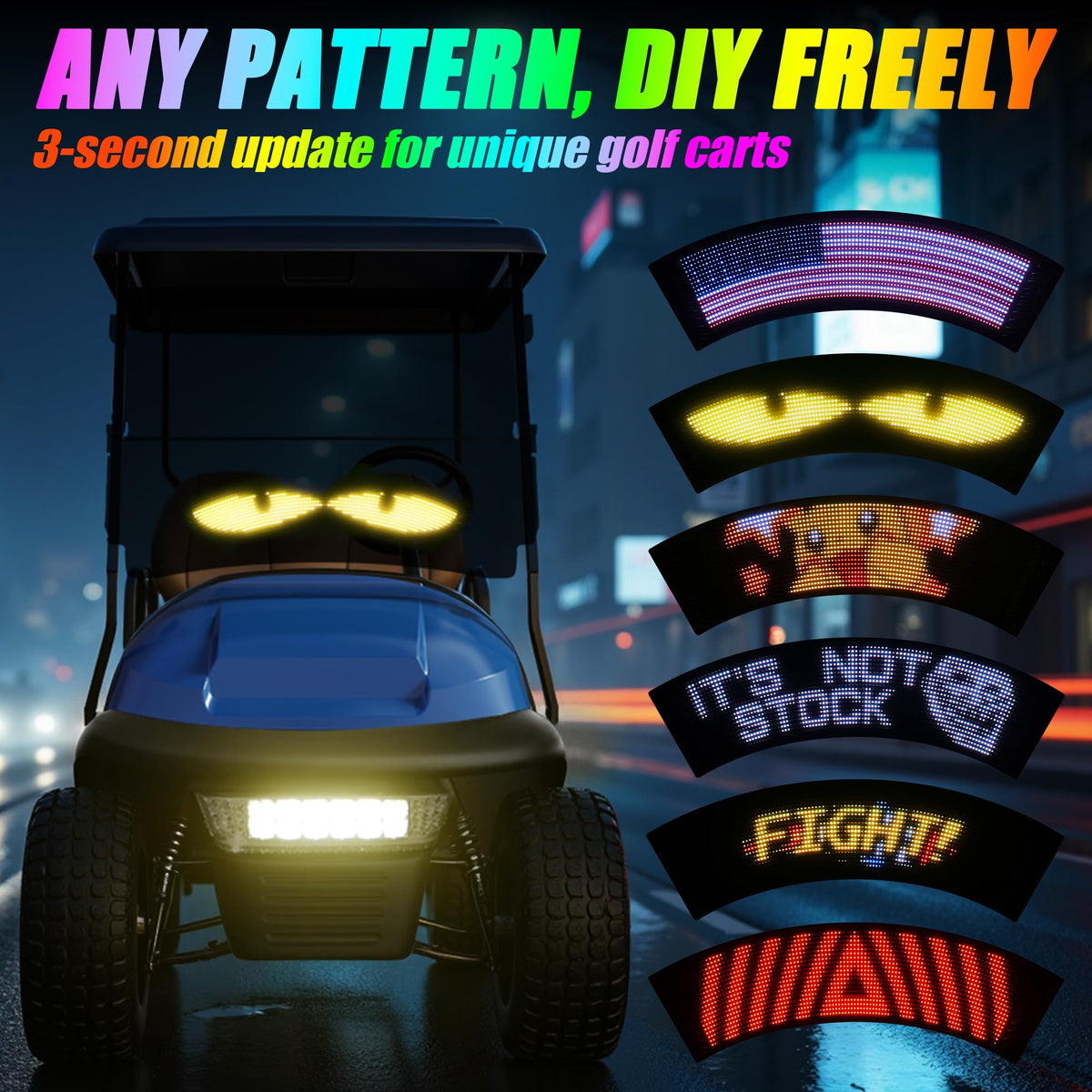 10L0L devil eyes screen 23x5 inch shows vivid LED animations in daylight.