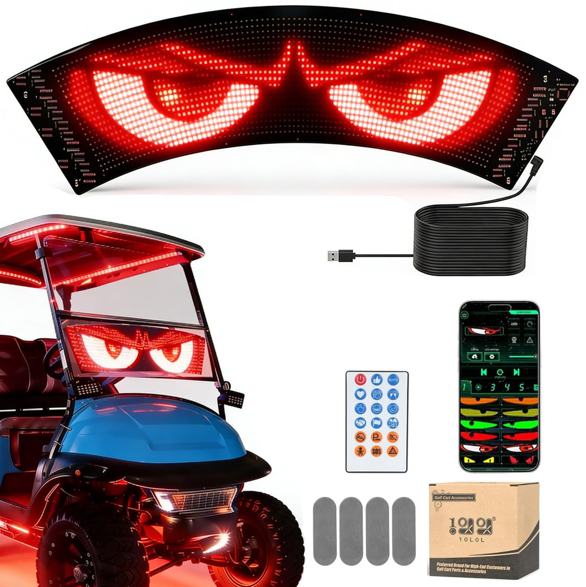 10L0L devil eyes sign on golf cart boosts night visibility and style.