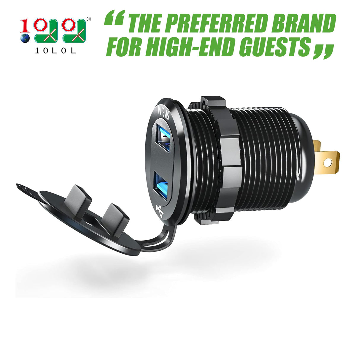 10L0L dual-port USB charger enables fast QC3.1 charging for devices.