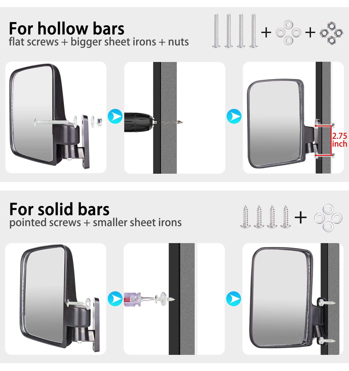 Easy installation with two mounting tool sets for hollow or solid bars