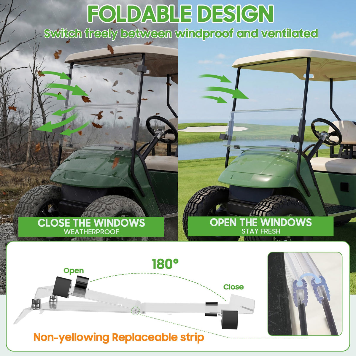 10L0L EZGO TXT windshield kit includes mounting hardware and quick installation guidance.