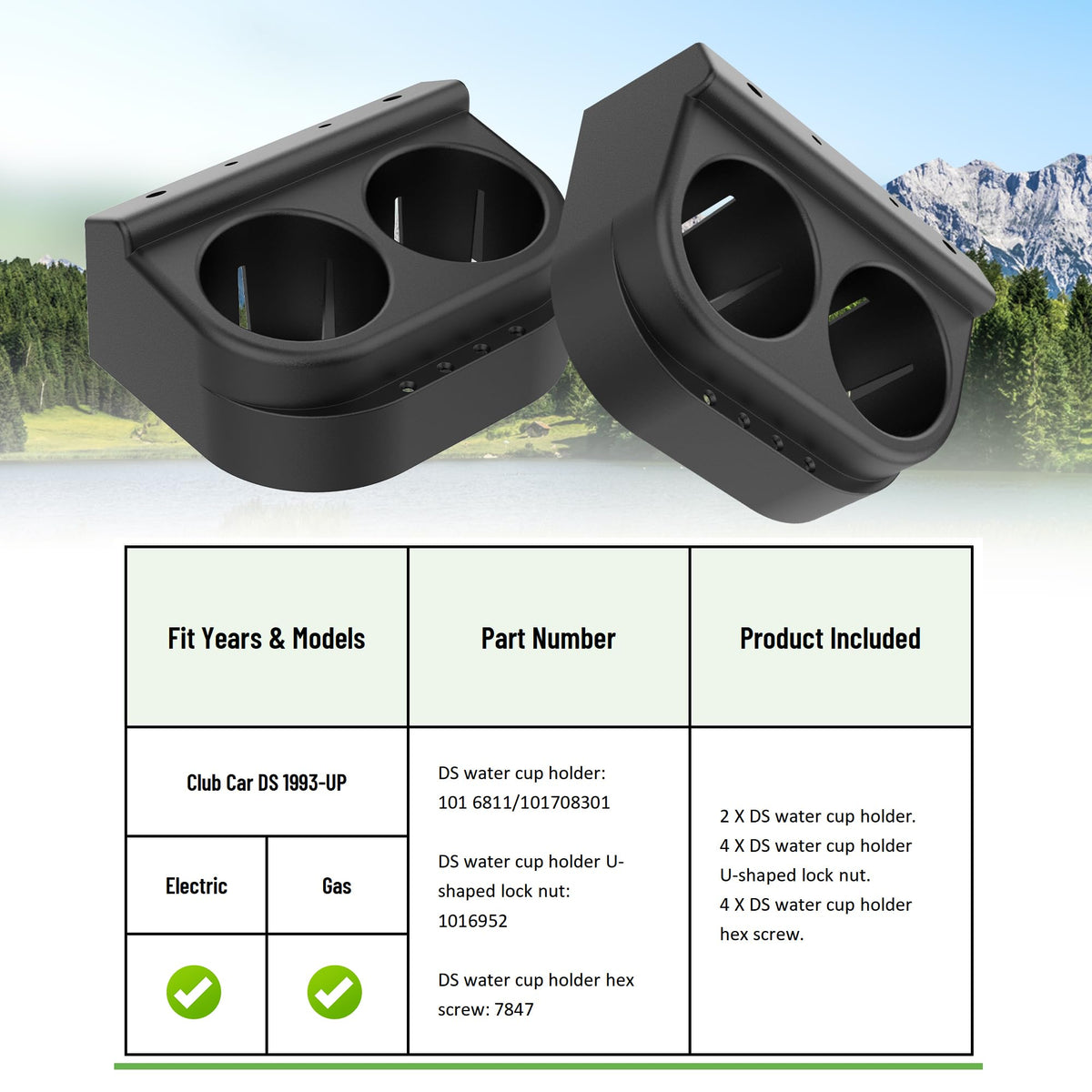 Easy-to-install cup holder kit for Club Car DS models.