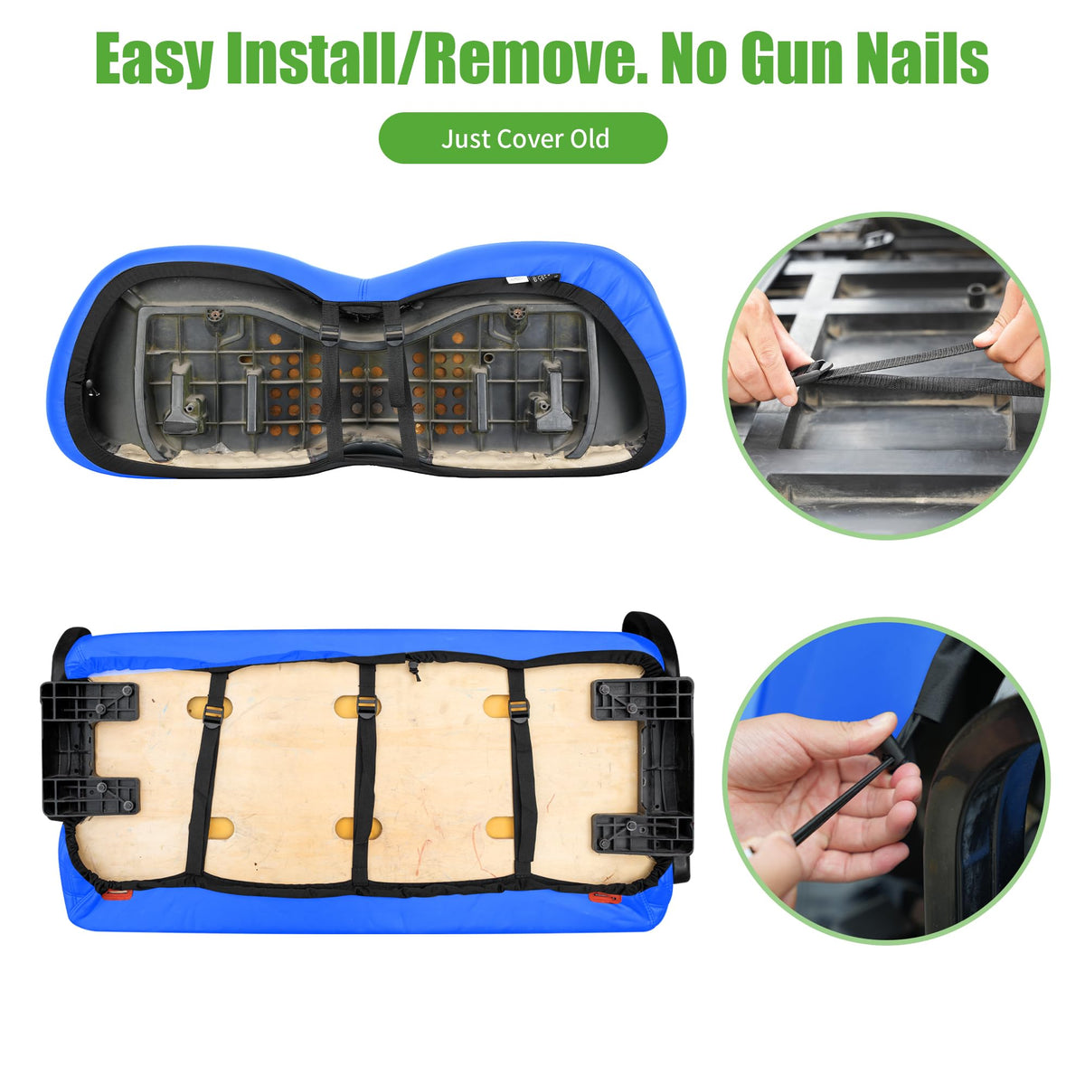 10L0L easy installation demonstration without stapler on Club Car seats.
