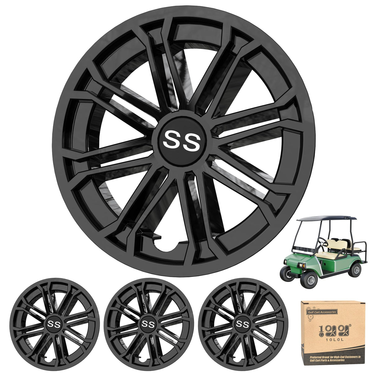 10L0L EZGO 8-inch wheel cover closeup with durable black finish for a sleek cart look.