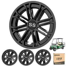 10L0L EZGO 8-inch wheel cover closeup with durable black finish for a sleek cart look.