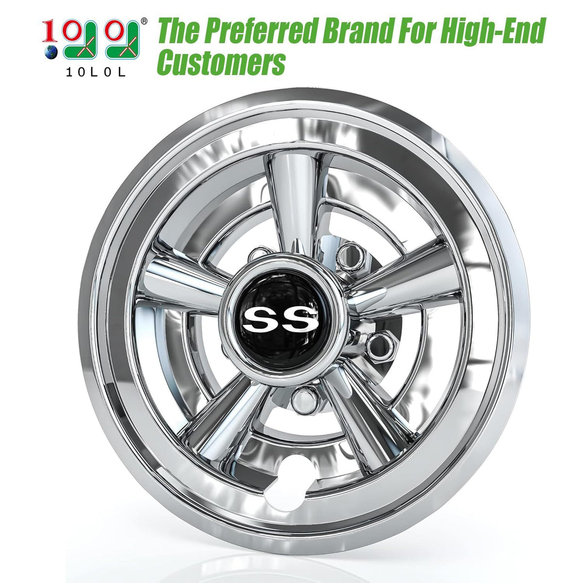 10L0L EZGO 8-inch chrome wheel covers snap on for quick upgrades.