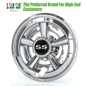 10L0L EZGO 8-inch chrome wheel covers snap on for quick upgrades.