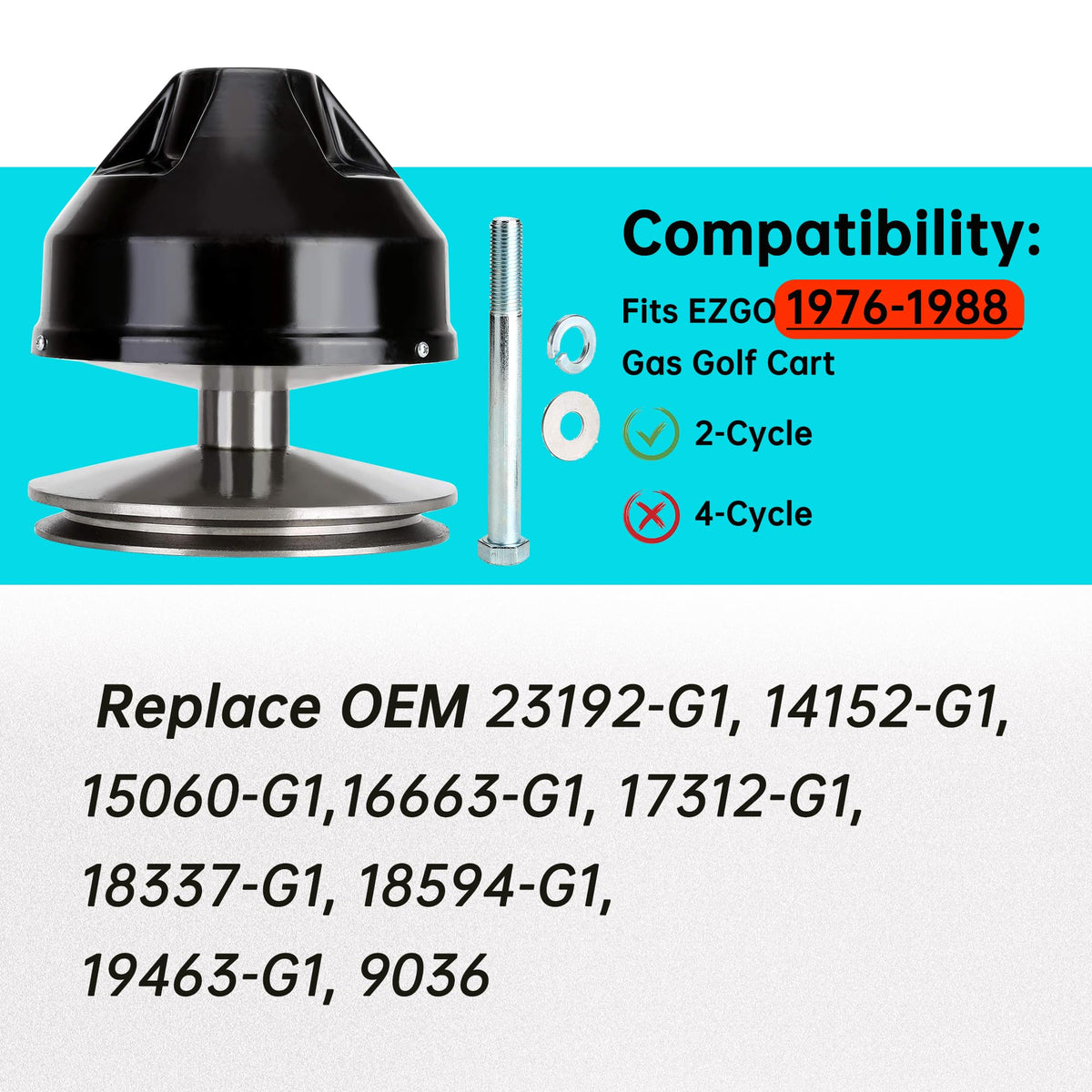 10L0L EZGO exterior golf-cart view with installed primary drive clutch