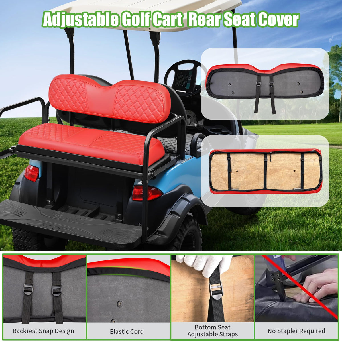 10L0L EZGO rear seat cover in red features diamond texture for durability.