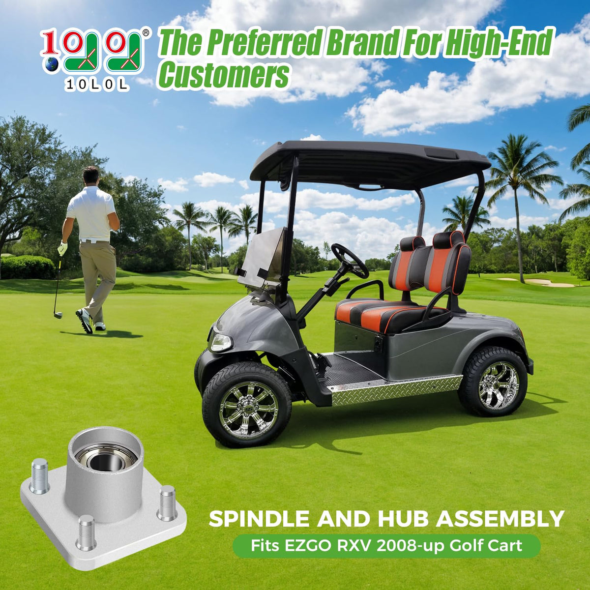 10L0L EZGO RXV hub close-up with bearing and cap, emphasizing smooth operation.