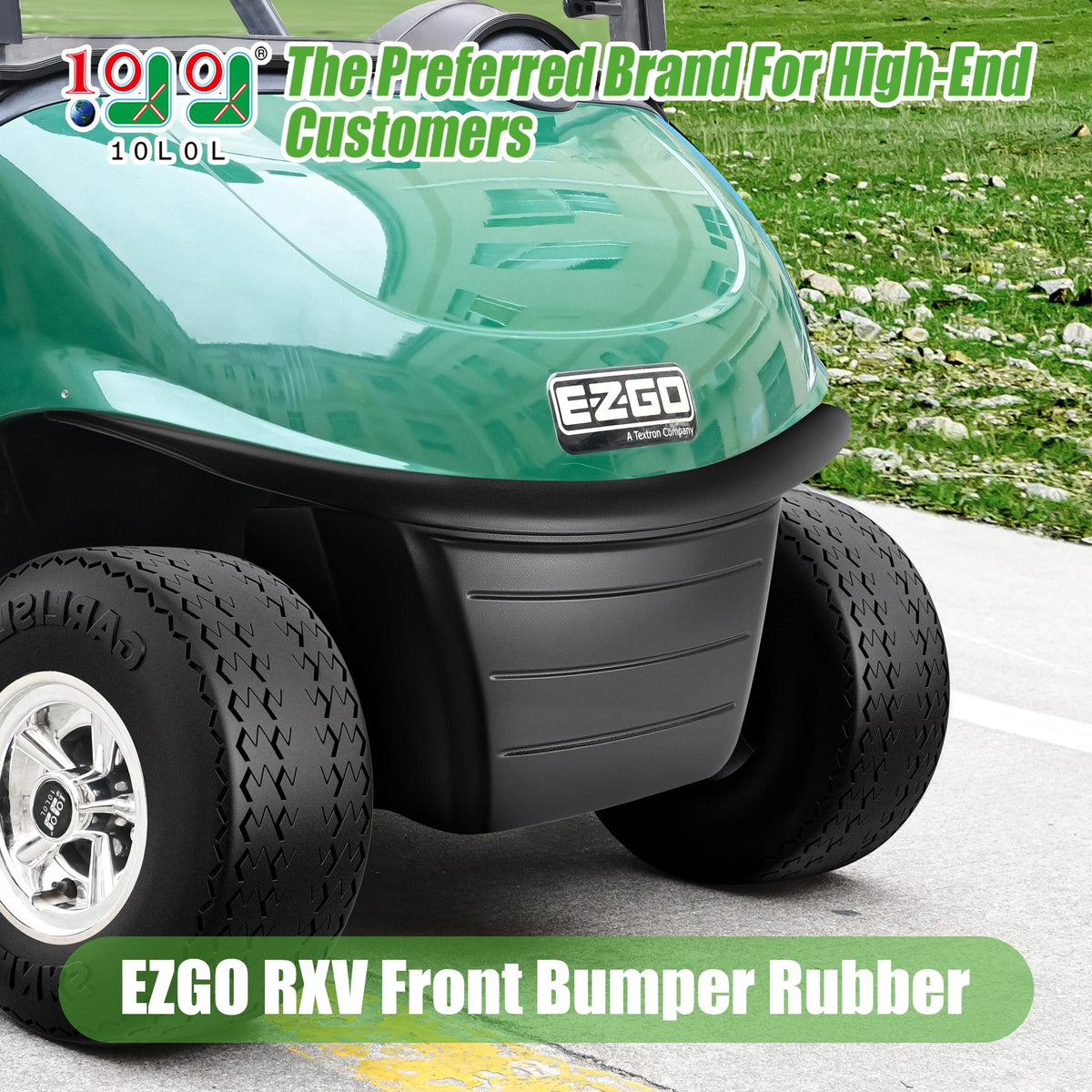 10L0L EZGO RXV front bumper installation-ready for quick upgrades.