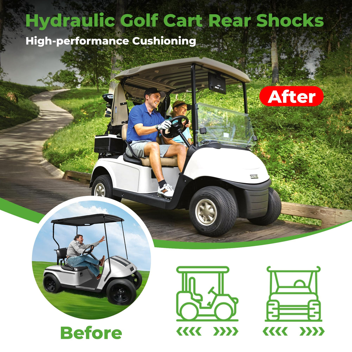 10L0L EZGO RXV rear shocks installed on cart for testing and ride feel