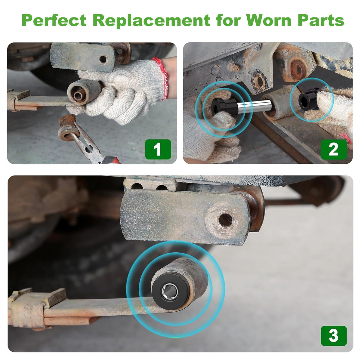 Rubber bushings from the 10L0L EZGO RXV kit shown in detail