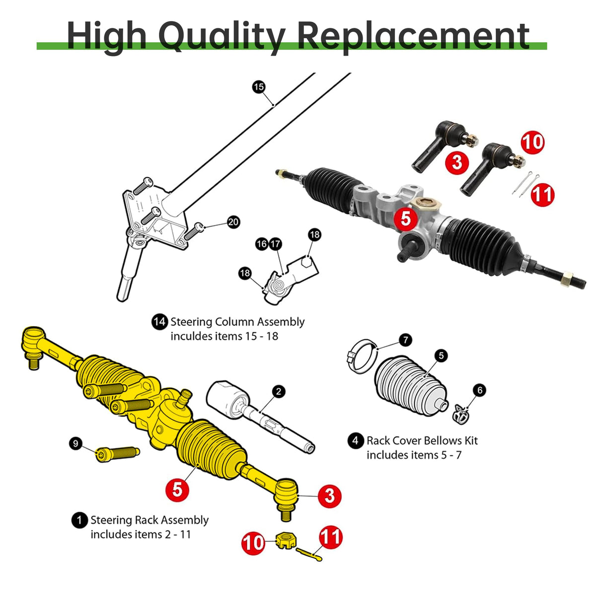 10L0L EZGO RXV steering gear assembly, top view, supports faster installation