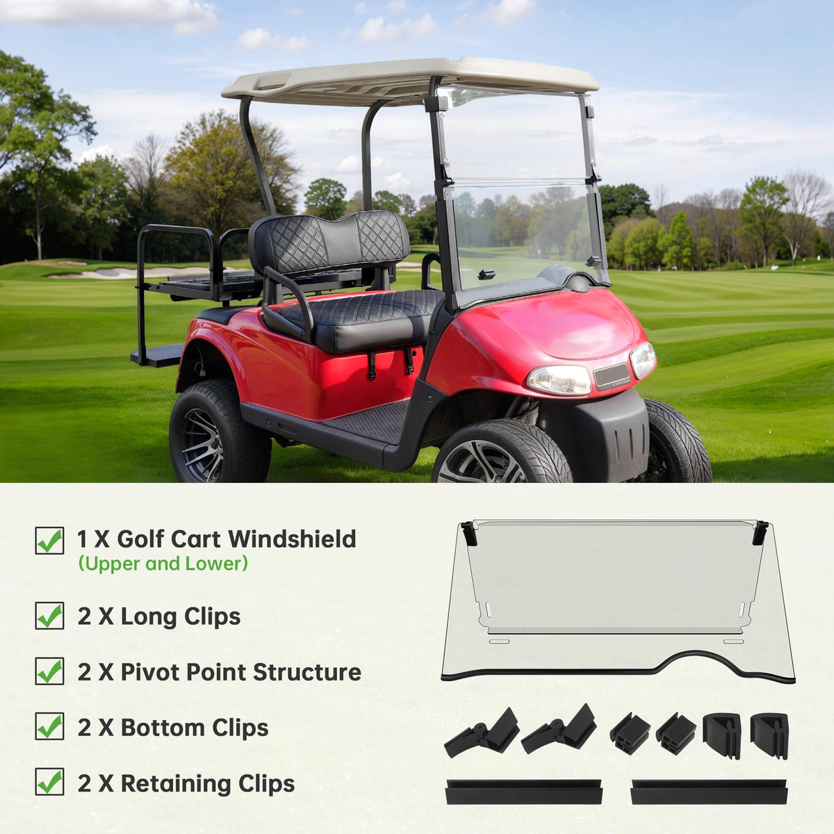 10L0L EZGO RXV windshield easy cleaning and low maintenance.