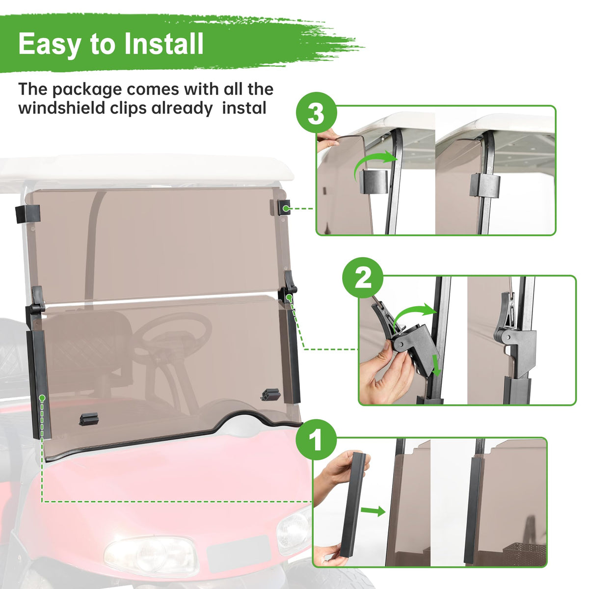 10L0L EZGO RXV windshield installed on original frame without drilling