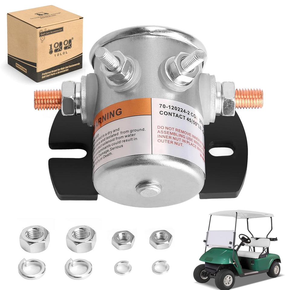 10L0L EZGO solenoid 36V four-terminal close-up showing copper contacts for durability.
