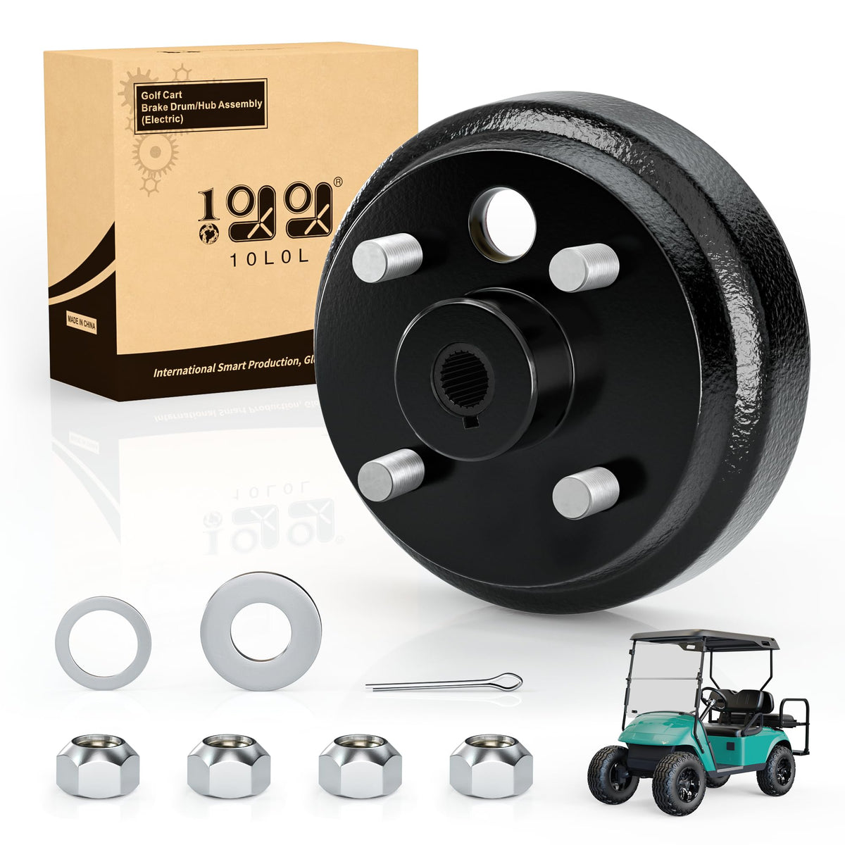 10L0L EZGO TXT brake drum hub assembly—front view for quick replacement.