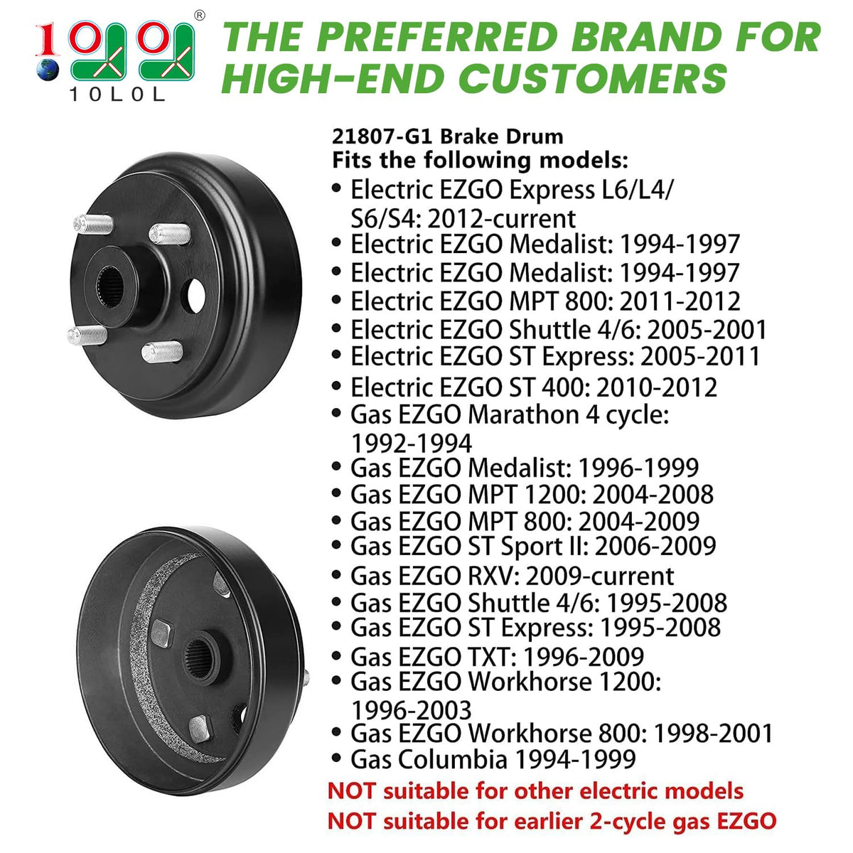 10L0L EZGO TXT brake drum hub with large-hole drum design.