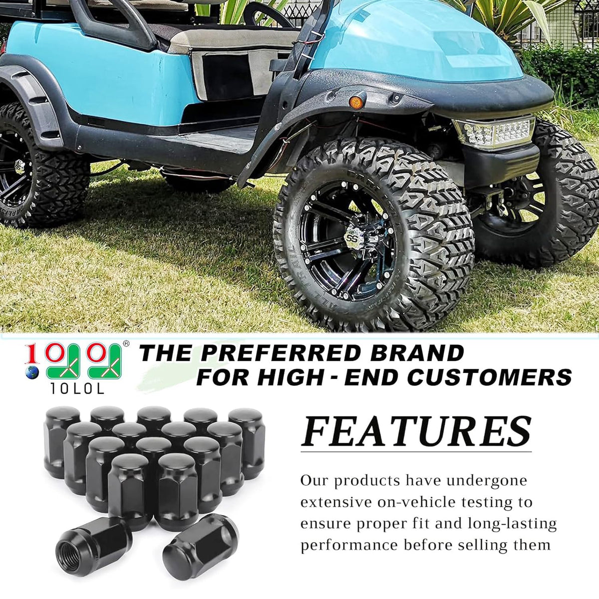 10L0L EZGO TXT lug-nuts provide rugged, corrosion-resistant replacements.