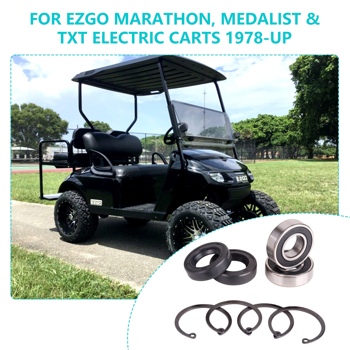 10L0L EZGO TXT rear axle kit close-up of bearings and seals