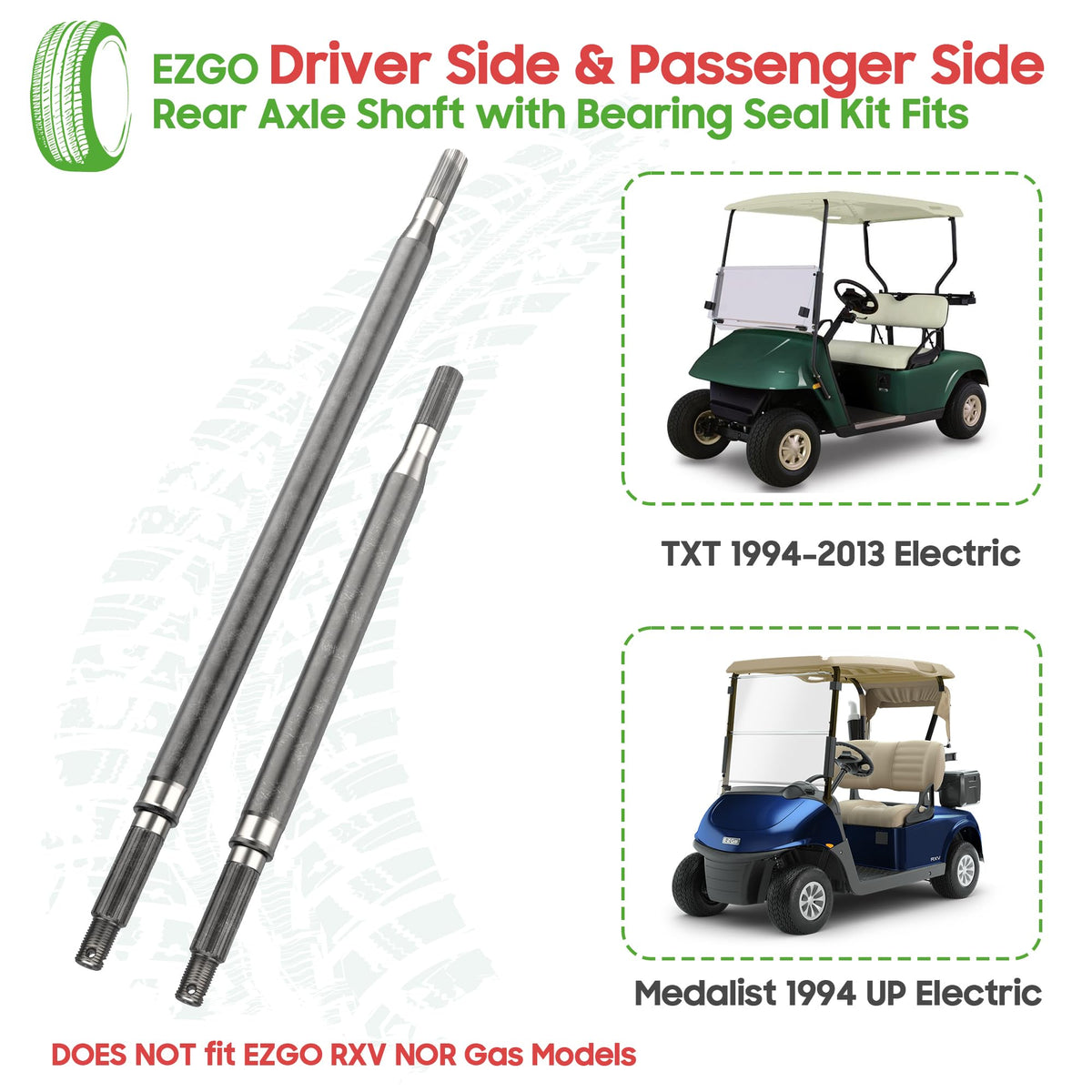 10L0L EZGO TXT rear axle driver-side shaft showing OEM fit and alignment.