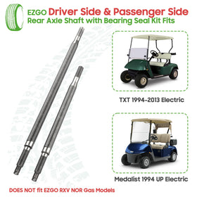 10L0L EZGO TXT rear axle driver-side shaft showing OEM fit and alignment.