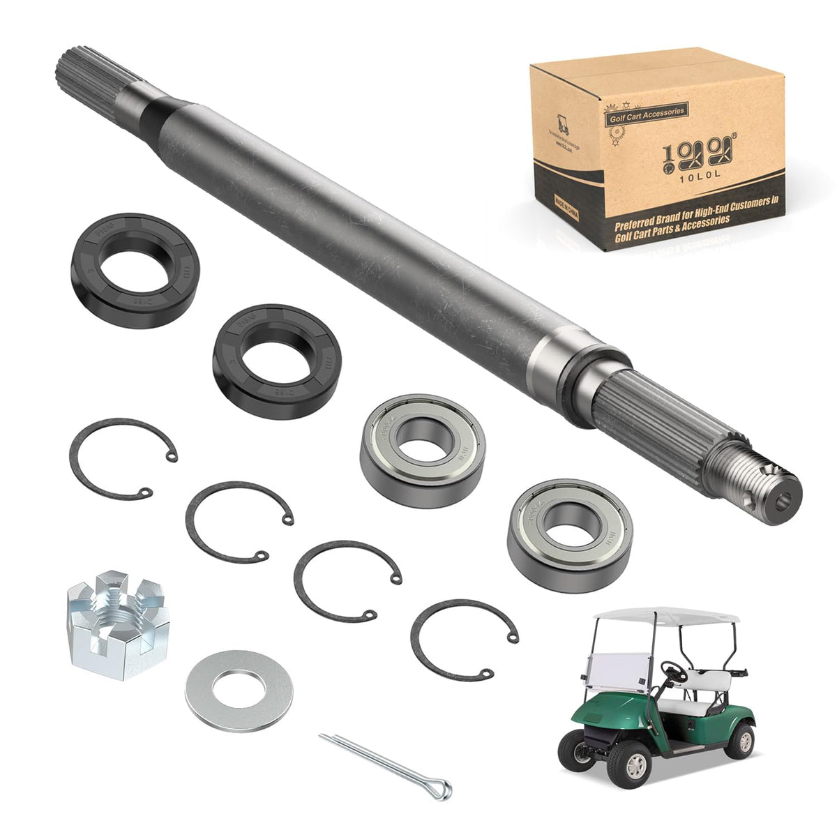 10L0L EZGO TXT rear axle shaft close-up for reliable rear-wheel drive replacement