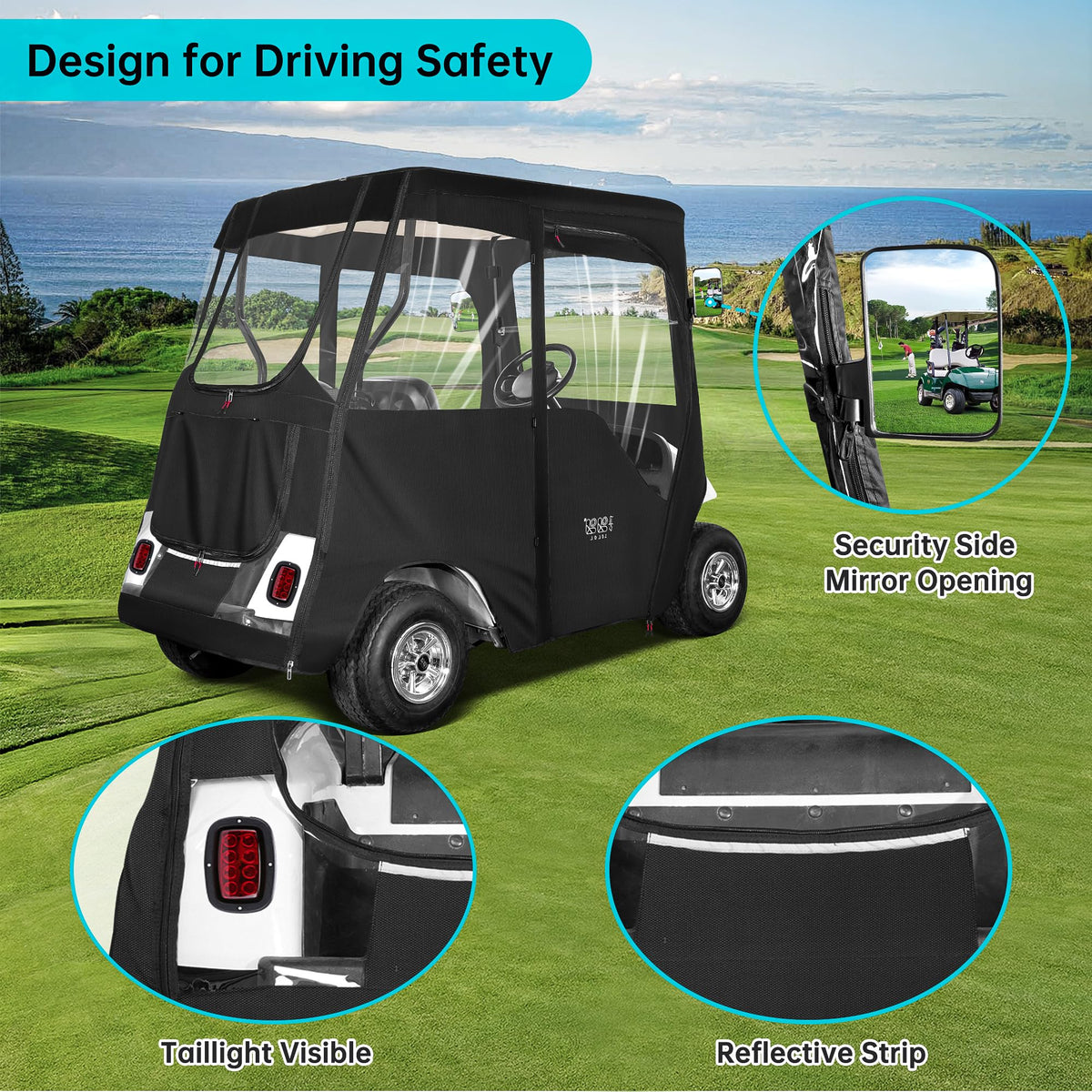 10L0L 2-passenger EZGO TXT RXV enclosure with easy entry doors.
