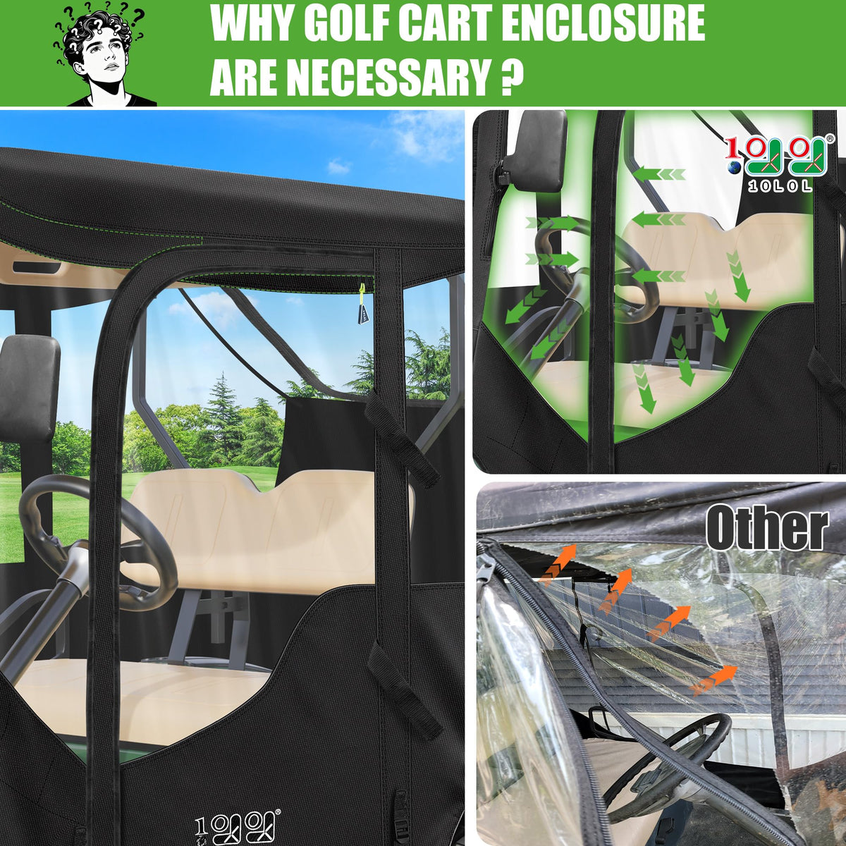 10L0L EZGO TXT/RXV enclosure roll-up windows for airflow control