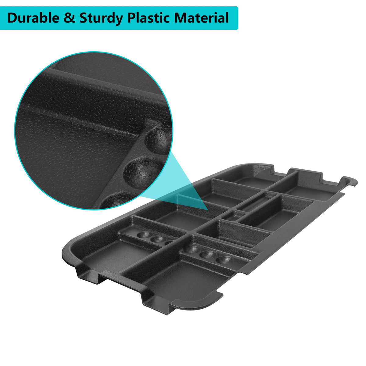 10L0L underseat tray stores towels, wallet, and small tools.