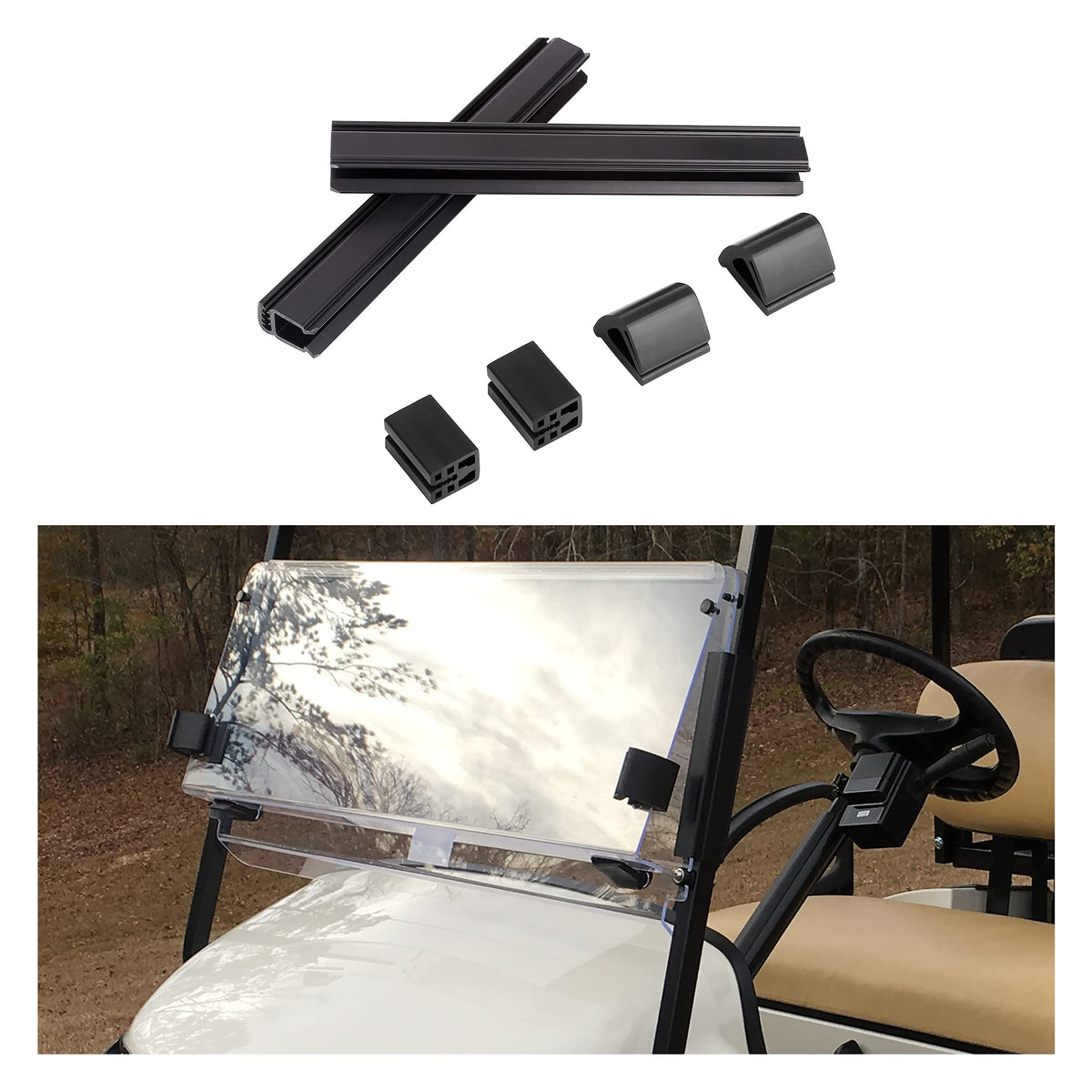 Bottom clips installed on EZGO windshield for wobble-free driving