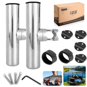 10L0L fishing rod holder on golf cart side rail in stainless steel for secure storage