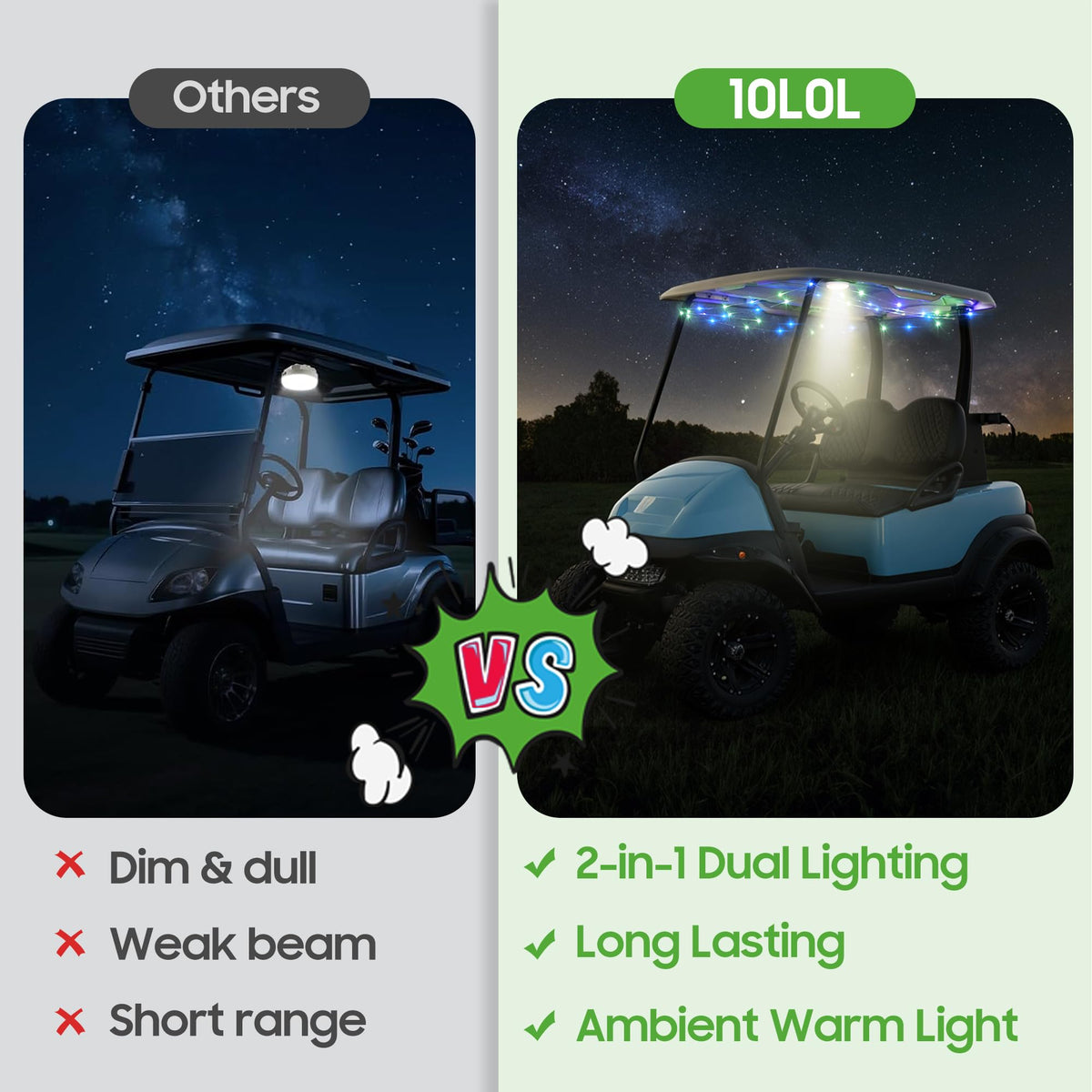 10L0L five lighting modes including neon glow and steady options