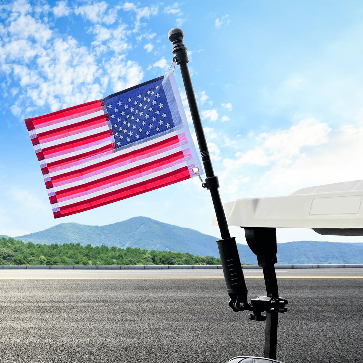10L0L flag mounted on a golf cart during use.