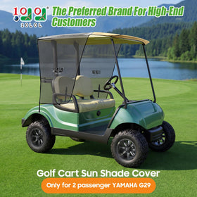 10L0L foldable shade cover on golf cart in use; quick, tool-free setup.