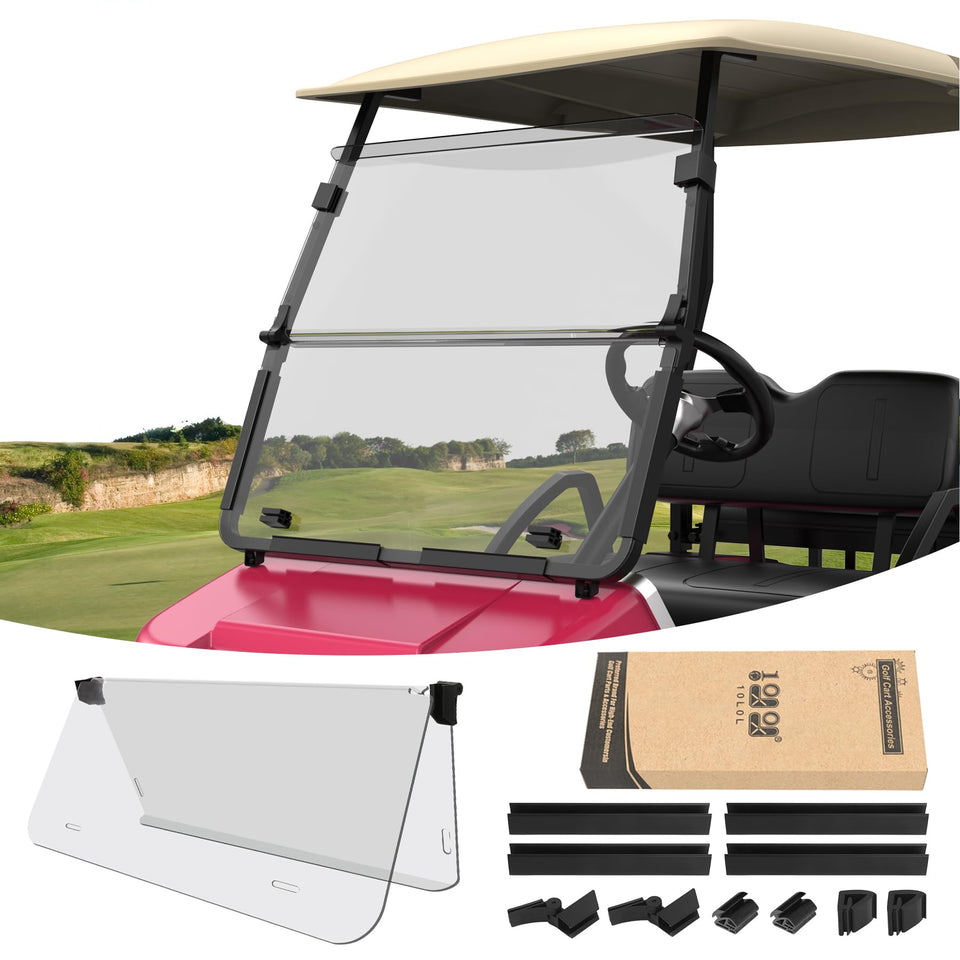 10L0L Foldable windshield for Club Car DS offers clear visibility and protection.