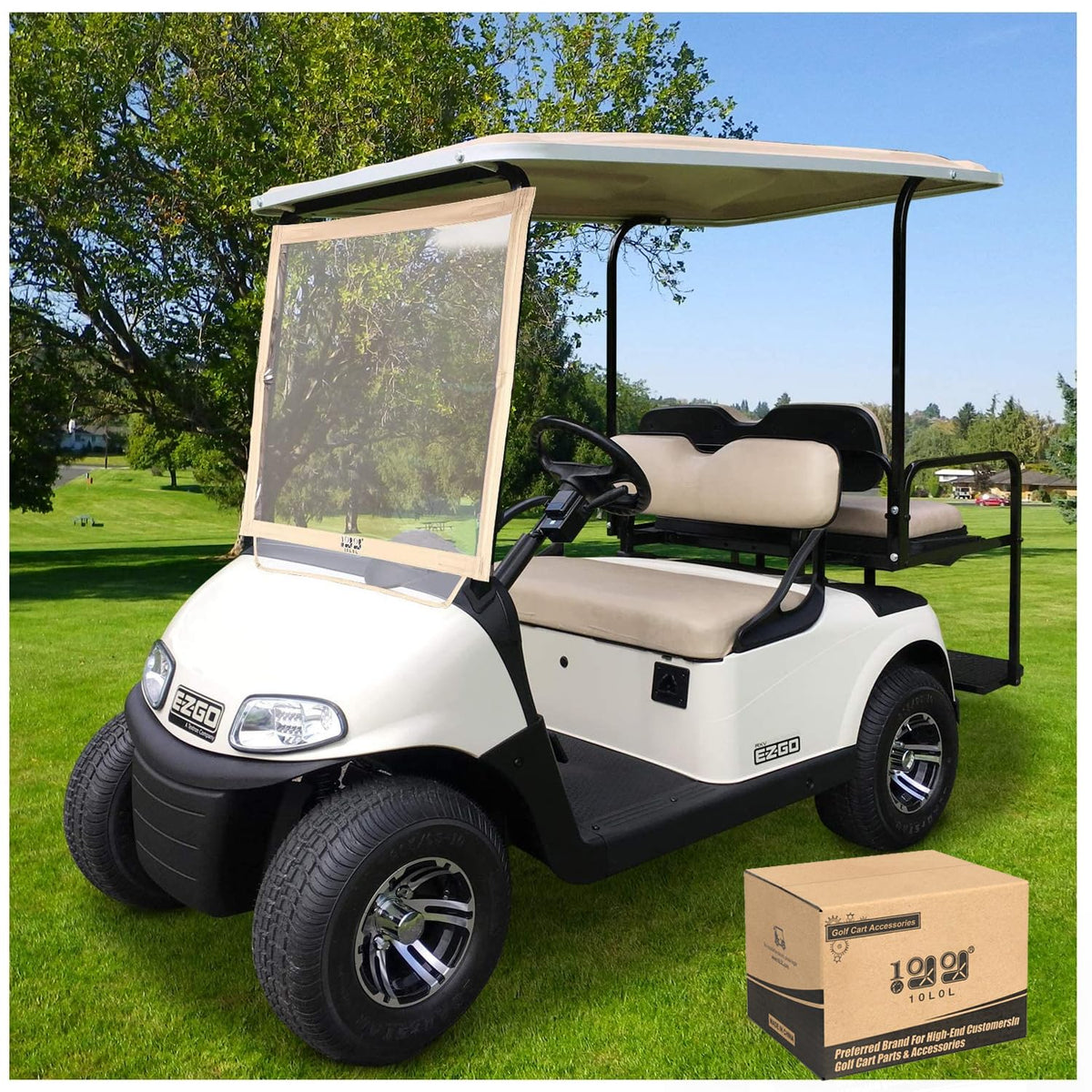 10L0L foldable windshield on EZGO RXV shows beige-beauty and clear visibility