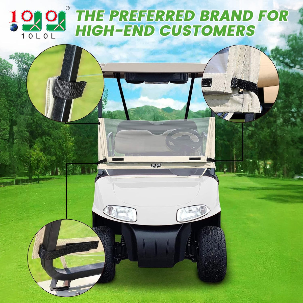 Folded windshield on EZGO RXV demonstrates compact storage and quick mounting